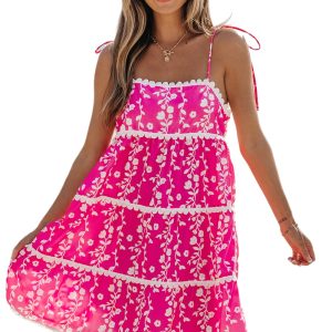 Women's Pink Floral Print Ric Rac Patched Sleeveless Mini Dress with Tie Shoulders - Main View