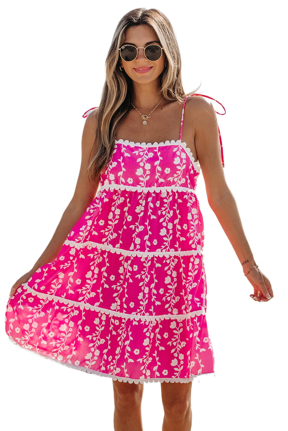Women's Pink Floral Print Ric Rac Patched Sleeveless Mini Dress with Tie Shoulders - Main View Women's Pink Floral Print Ric Rac Patched Sleeveless Mini Dress with Tie Shoulders - Main View