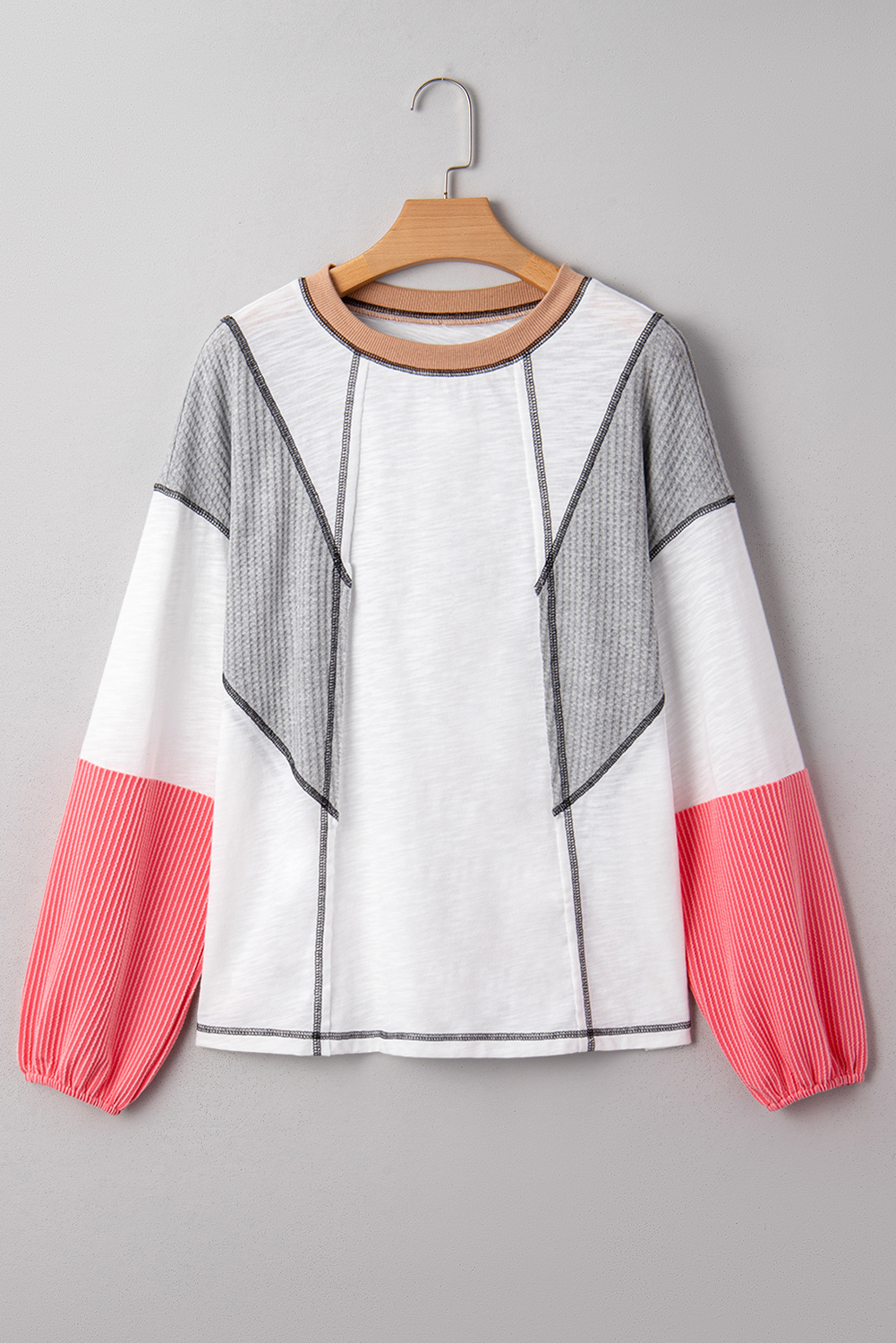 Women's White Mixed Textured Knit Top – Versatile Colorblock Casual Style for Autumn - Detail View 5 Women's White Mixed Textured Knit Top – Versatile Colorblock Casual Style for Autumn - Detail View 5