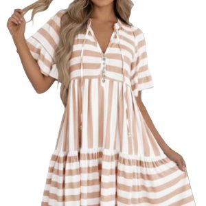 Women's Khaki Striped V Neck Dress – Casual Ruffle Sleeve A-Line Summer Shift Dress - Main View