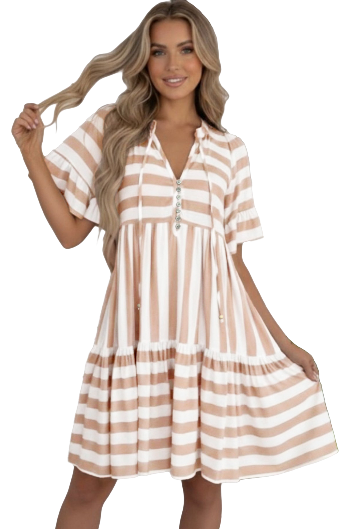 Women's Khaki Striped V Neck Dress – Casual Ruffle Sleeve A-Line Summer Shift Dress - Main View Women's Khaki Striped V Neck Dress – Casual Ruffle Sleeve A-Line Summer Shift Dress - Main View