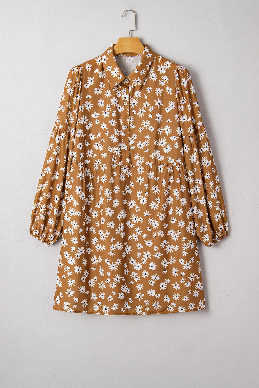 Plus Size Khaki Daisy Floral A-Line Dress with Button Details for Fall Outings - Detail View 2 Plus Size Khaki Daisy Floral A-Line Dress with Button Details for Fall Outings - Detail View 2