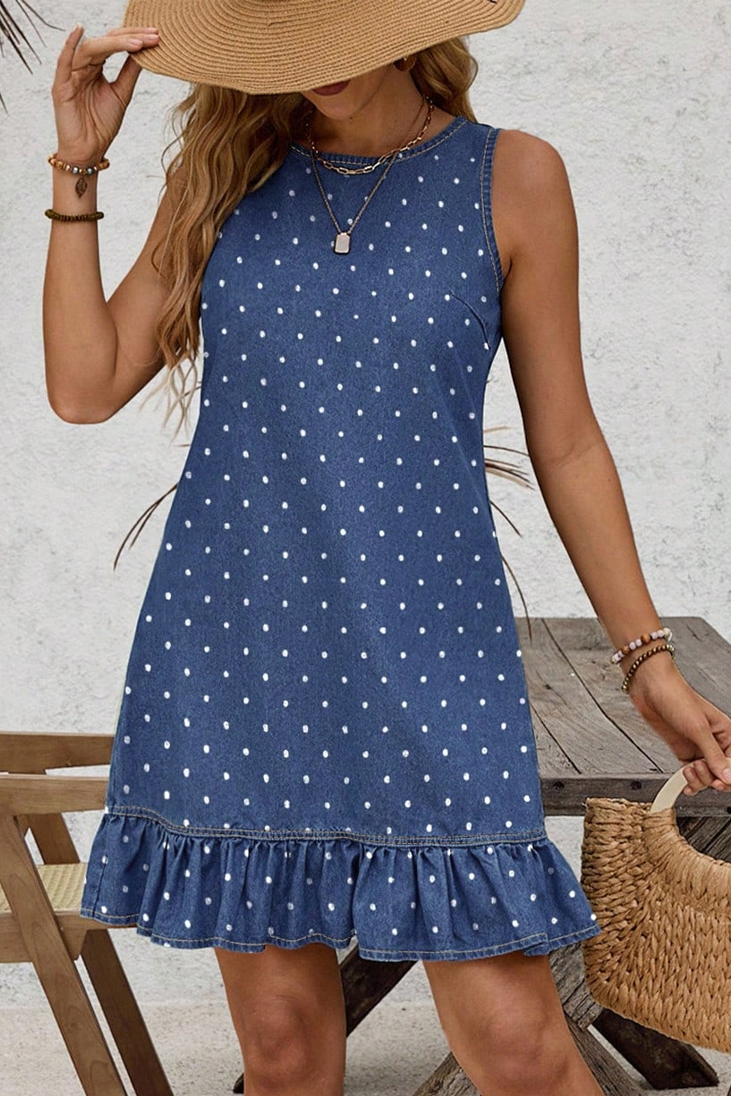 Chic Women's Denim Shift Dress – Polka Dot Sleeveless Mini - Detail View 3 Chic Women's Denim Shift Dress – Polka Dot Sleeveless Mini - Detail View 3