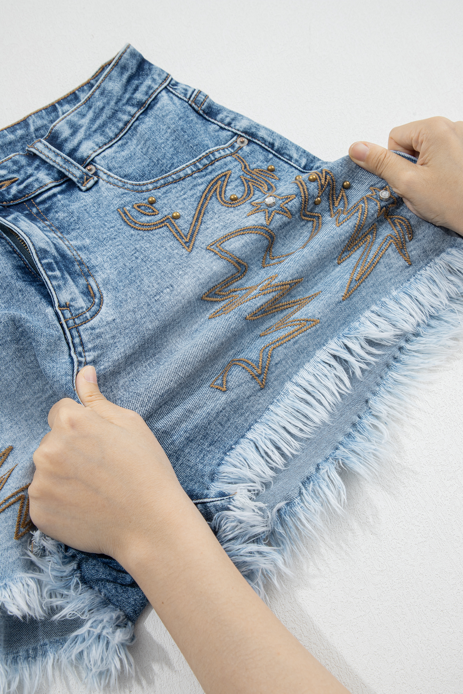 Dusk Blue Western Studded Denim Shorts for Women – High Waisted Embroidered Shorts for Concerts - Detail View 14 Dusk Blue Western Studded Denim Shorts for Women – High Waisted Embroidered Shorts for Concerts - Detail View 14