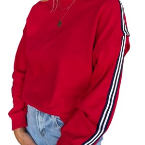 Women's Fiery Red Striped Varsity Sweatshirt – Casual Daily Layering Essential - Main View