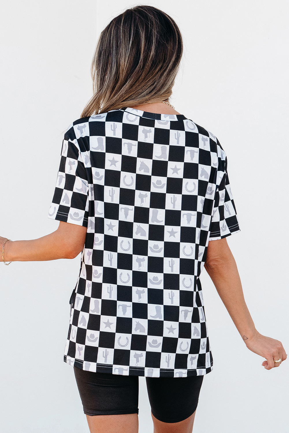 Stylish Longline Checkerboard T-Shirt with Side Slits - Western Print - Detail View 2 Stylish Longline Checkerboard T-Shirt with Side Slits - Western Print - Detail View 2