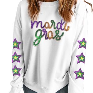 Women's White Sequin Mardi Gras Graphic Pullover Sweatshirt with Star Sleeve Design - Main View