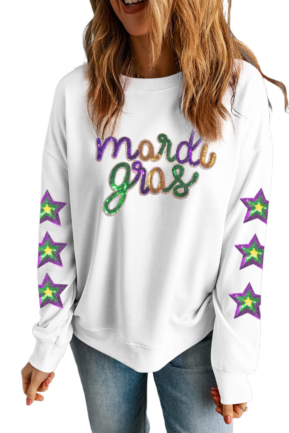 Women's White Sequin Mardi Gras Graphic Pullover Sweatshirt with Star Sleeve Design - Main View Women's White Sequin Mardi Gras Graphic Pullover Sweatshirt with Star Sleeve Design - Main View