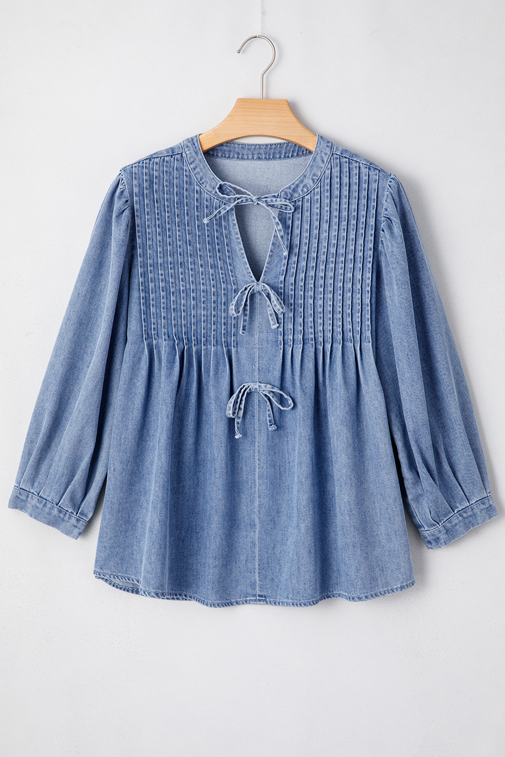 Casual Denim Blouse with Pin tuck Bust and Flowy Fit for All Body Shapes - Detail View 3 Casual Denim Blouse with Pin tuck Bust and Flowy Fit for All Body Shapes - Detail View 3
