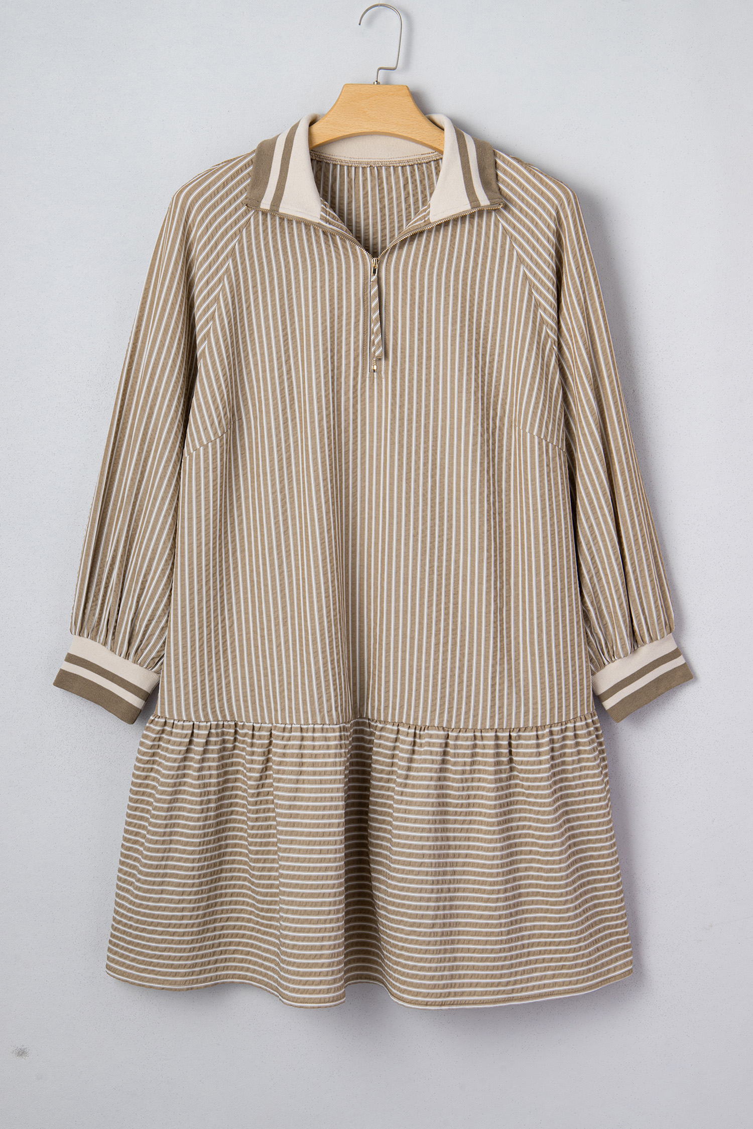Trendy Khaki Striped Plus Size Mini Dress – Elevate Your Spring Wardrobe with Ease - Detail View 3 Trendy Khaki Striped Plus Size Mini Dress – Elevate Your Spring Wardrobe with Ease - Detail View 3