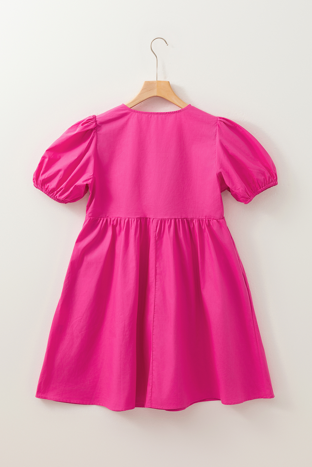 Women's Mini Dress, Bright Pink, Puff Sleeve, High Waist, Tie Front, Cute Style, Solid Color, Summer Fashion, Daily Wear, Romantic Look, A-Line Silhouette, Trendy Dress, Casual Chic, Stylish Outfit - Detail View 8 Women's Mini Dress, Bright Pink, Puff Sleeve, High Waist, Tie Front, Cute Style, Solid Color, Summer Fashion, Daily Wear, Romantic Look, A-Line Silhouette, Trendy Dress, Casual Chic, Stylish Outfit - Detail View 8