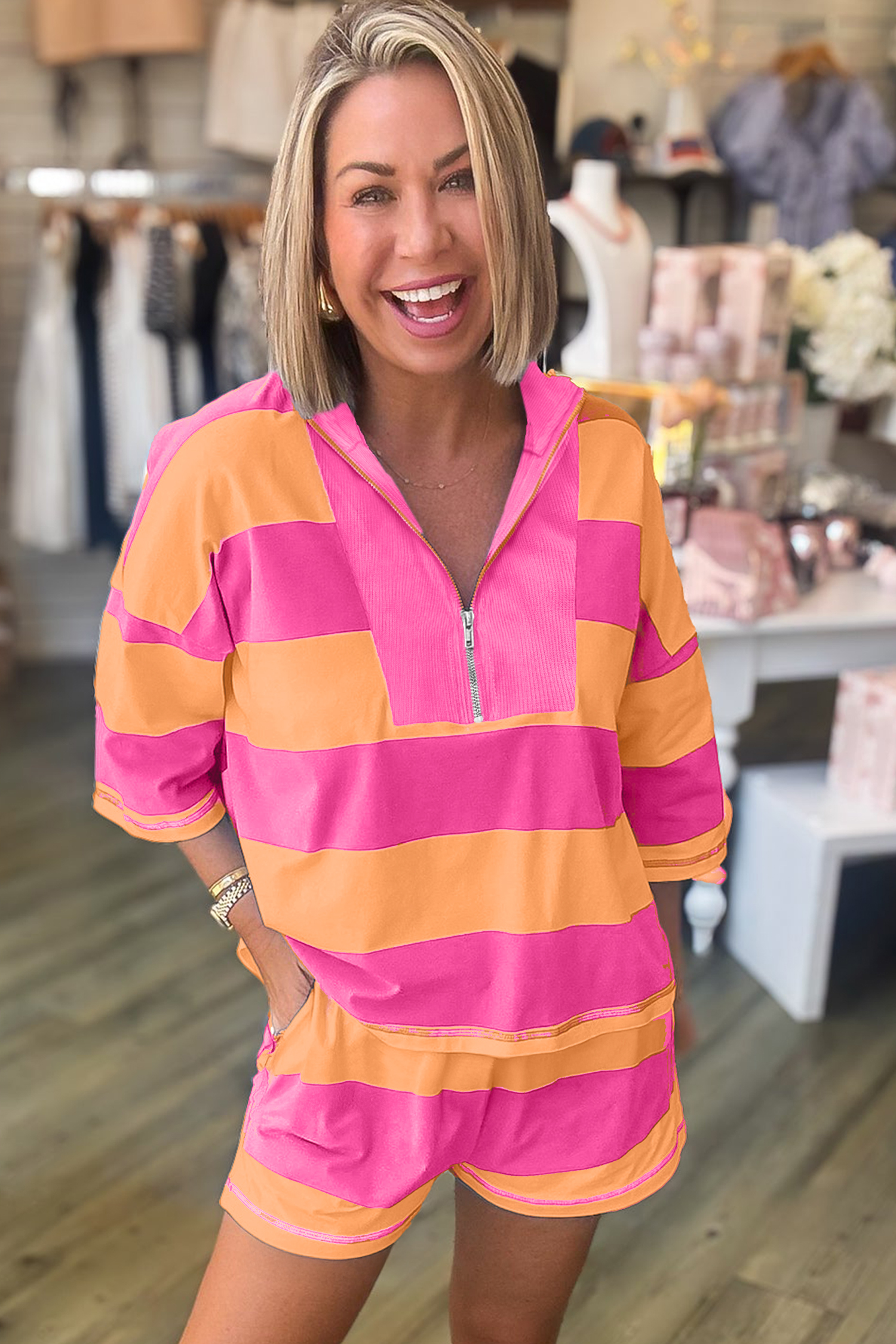 Striped Women's 2-Piece Short Set with Half Zip – High Waist Casual Outfit for Game Day - Detail View 5 Striped Women's 2-Piece Short Set with Half Zip – High Waist Casual Outfit for Game Day - Detail View 5