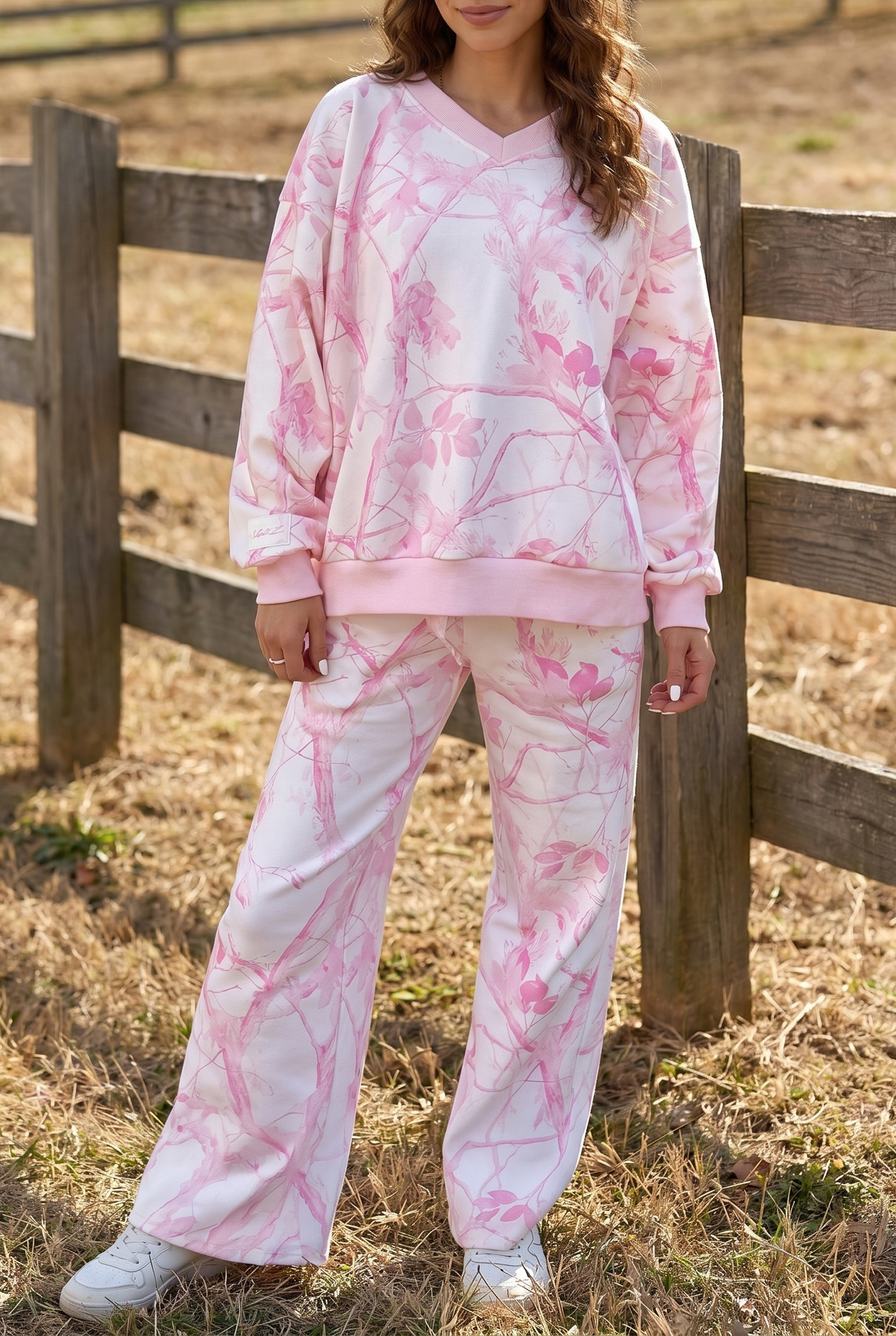 Pink Abstract Print Lounge Set, V Neck Long Sleeve Pant Duo - Detail View 8 Pink Abstract Print Lounge Set, V Neck Long Sleeve Pant Duo - Detail View 8