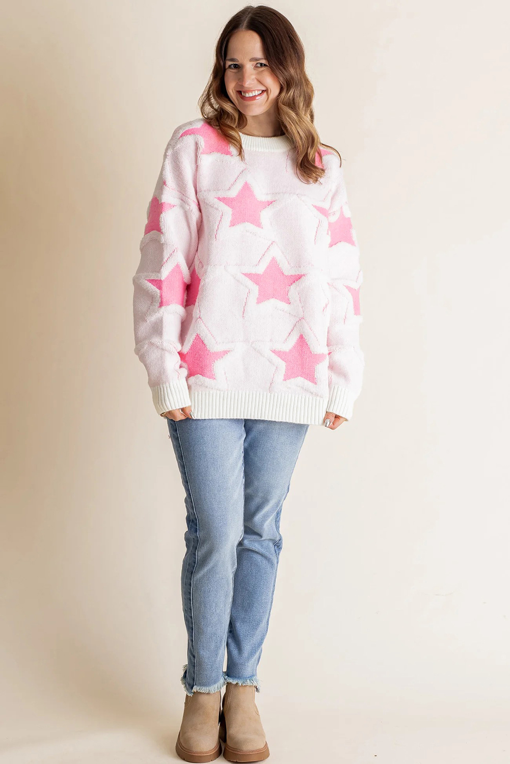 Chic Sachet Pink Ribbed Edge Sweater with Star Print – Perfect for Southern Belle Casual Outfits - Detail View 5 Chic Sachet Pink Ribbed Edge Sweater with Star Print – Perfect for Southern Belle Casual Outfits - Detail View 5