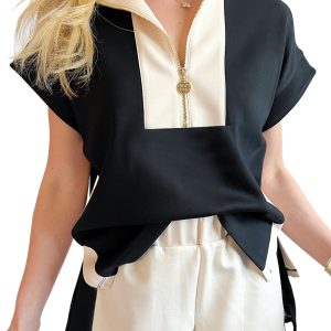 Women's Black Contrast Zipped Stand Collar T-Shirt and Short Set - Casual Color Block Design - Main View