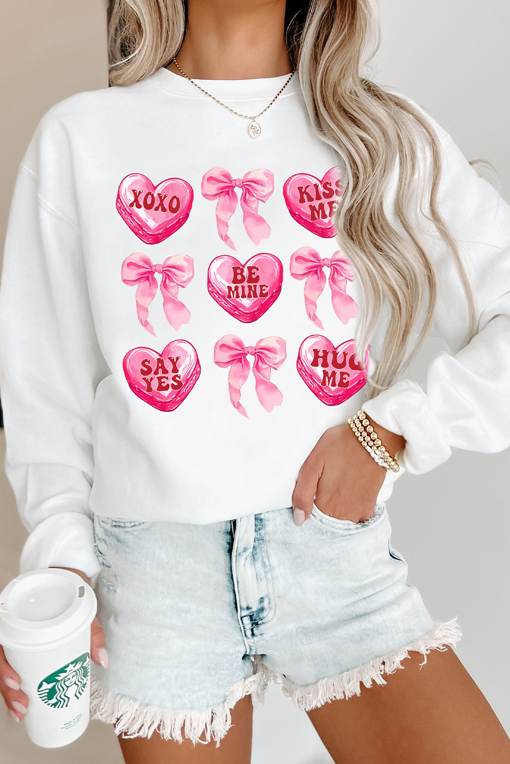 Charming Valentine's Day Sweatshirt with Heart and Bow Graphics - Perfect for Women - Detail View 2 Charming Valentine's Day Sweatshirt with Heart and Bow Graphics - Perfect for Women - Detail View 2