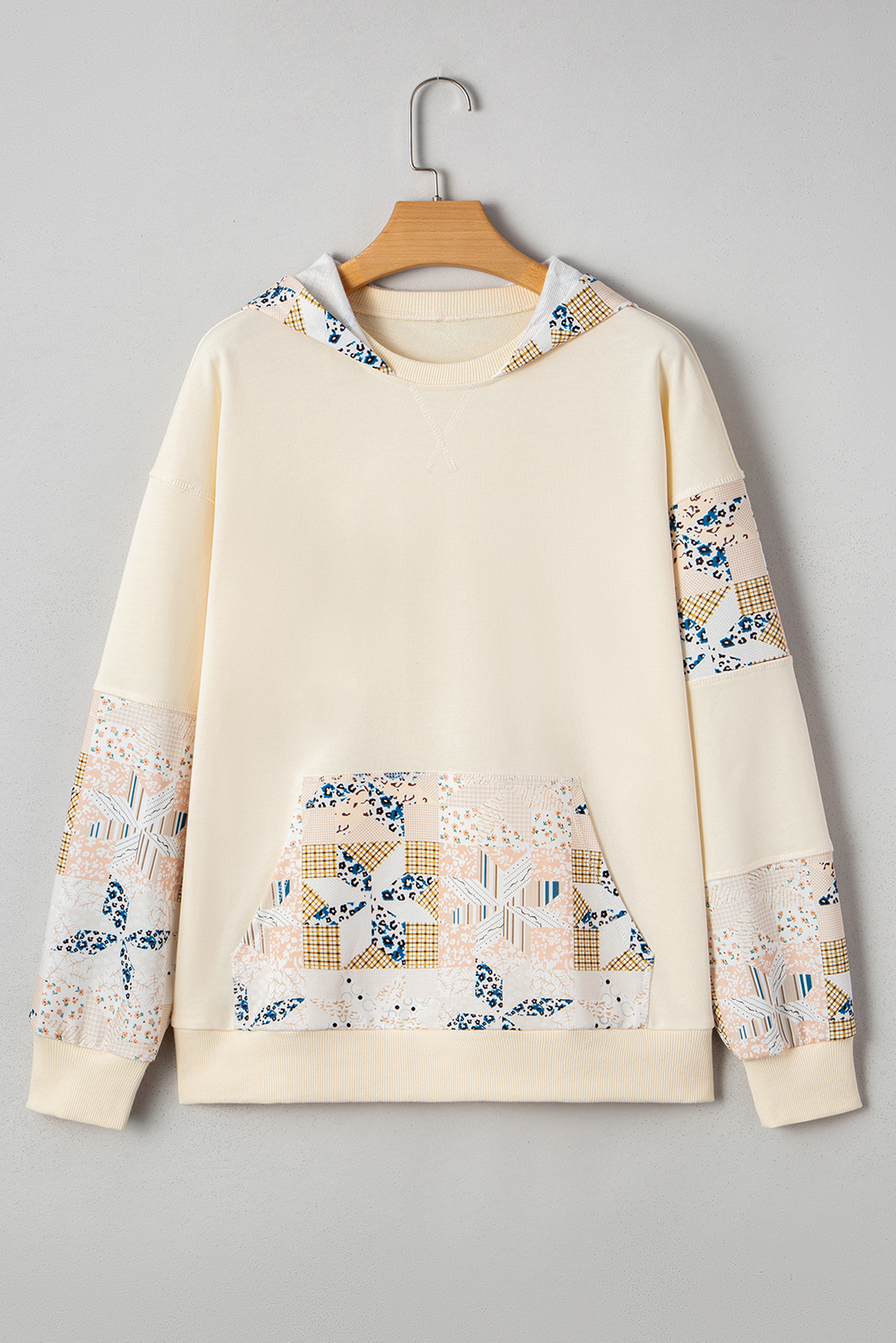 Beige Western Geo Pattern Patchwork Hoodie with Kangaroo Pocket - Casual Long Sleeve - Detail View 5 Beige Western Geo Pattern Patchwork Hoodie with Kangaroo Pocket - Casual Long Sleeve - Detail View 5