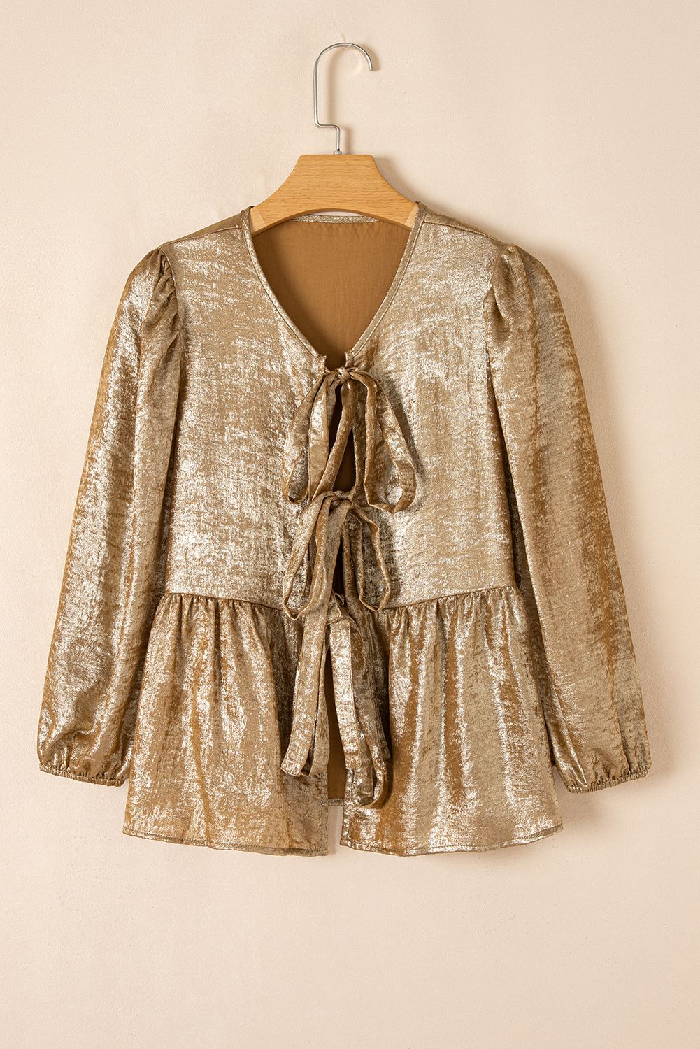 Women's Blouse, Gold Color, Bow Tie, Puff Sleeve, Ruffle Hem, Elegant Style, Daily Wear, Versatile Top, Spring Fashion, 100% Polyester, Chic Design, Shift Silhouette, Bracelet Sleeves - Detail View 4 Women's Blouse, Gold Color, Bow Tie, Puff Sleeve, Ruffle Hem, Elegant Style, Daily Wear, Versatile Top, Spring Fashion, 100% Polyester, Chic Design, Shift Silhouette, Bracelet Sleeves - Detail View 4