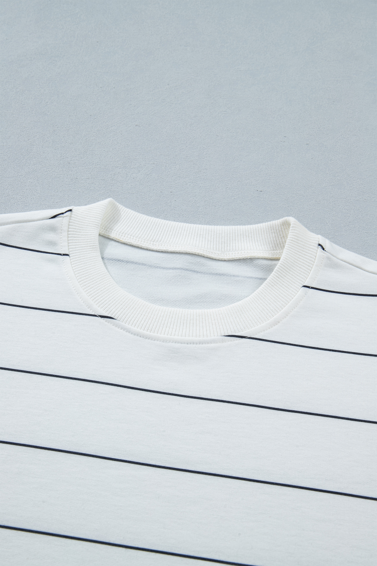 Women's Matching Striped Lounge Set – Comfortable Round Neck Tee and Split Hem Shorts for Daily Wear - Detail View 6 Women's Matching Striped Lounge Set – Comfortable Round Neck Tee and Split Hem Shorts for Daily Wear - Detail View 6