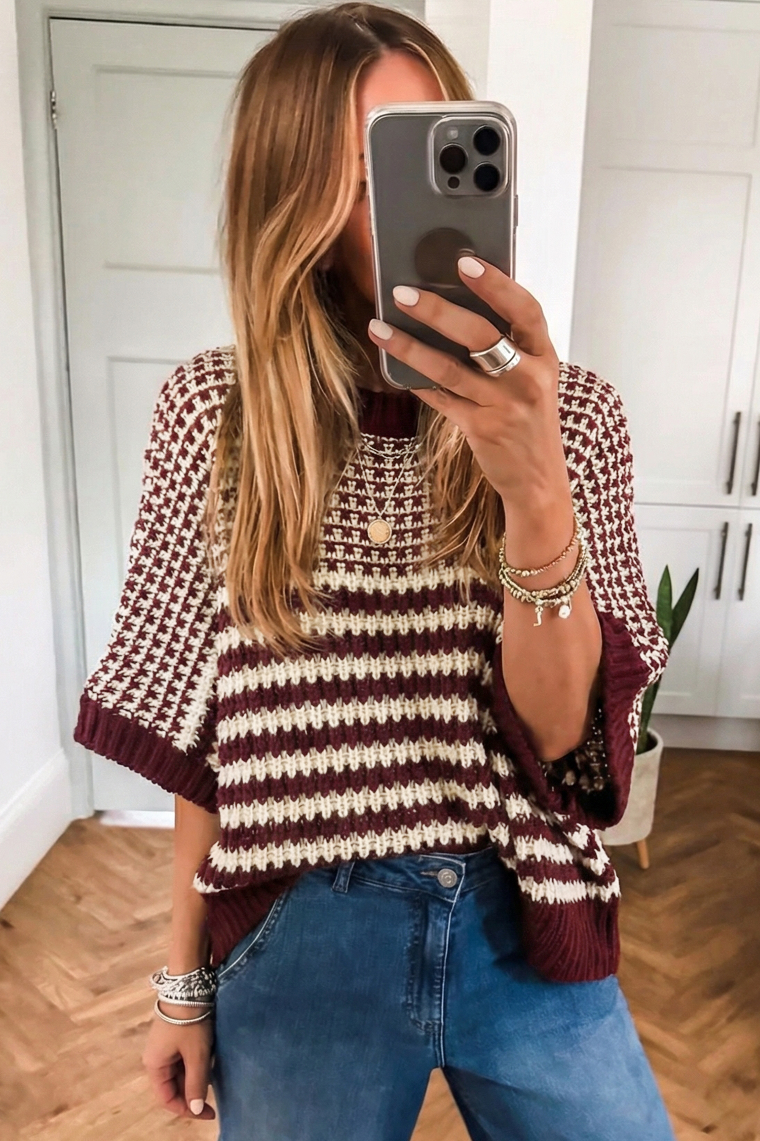 Chic Red Striped 3/4 Sleeve Sweater for Women – Perfect for Summer Outings - Detail View 2 Chic Red Striped 3/4 Sleeve Sweater for Women – Perfect for Summer Outings - Detail View 2
