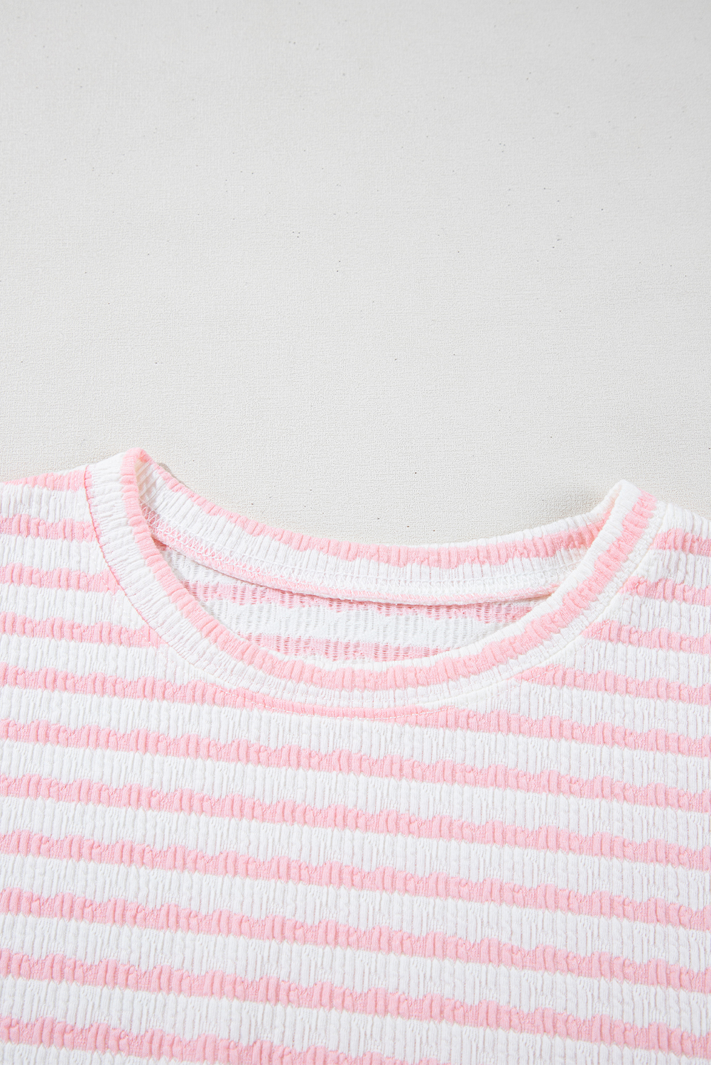 Chic Pink Stripe Knitted Short Sleeve Top and Drawstring Shorts Set for Women - Detail View 9 Chic Pink Stripe Knitted Short Sleeve Top and Drawstring Shorts Set for Women - Detail View 9