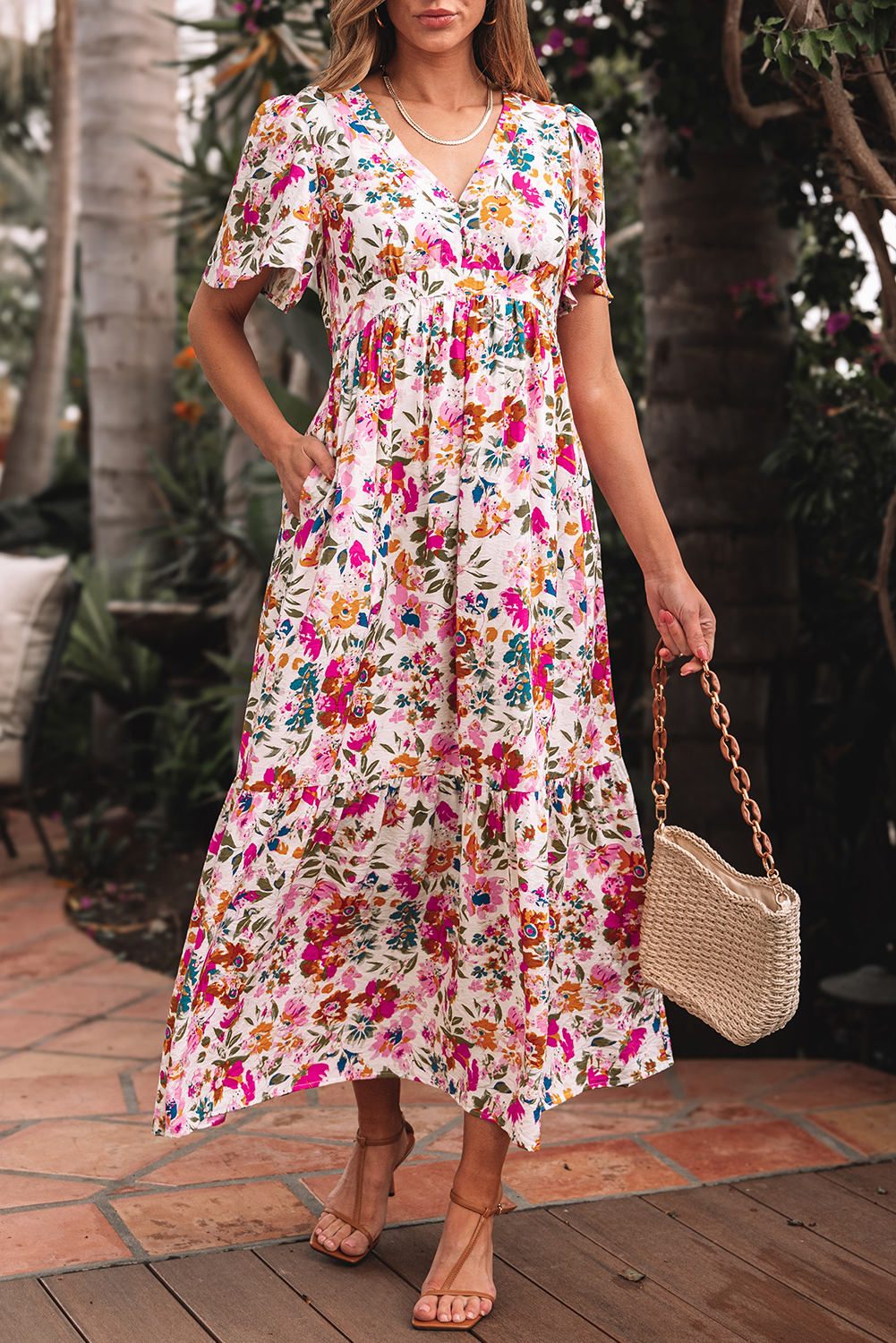 Chic A-Line Maxi Dress with Floral Print and V Neck - Perfect for Summer Occasions - Detail View 6 Chic A-Line Maxi Dress with Floral Print and V Neck - Perfect for Summer Occasions - Detail View 6