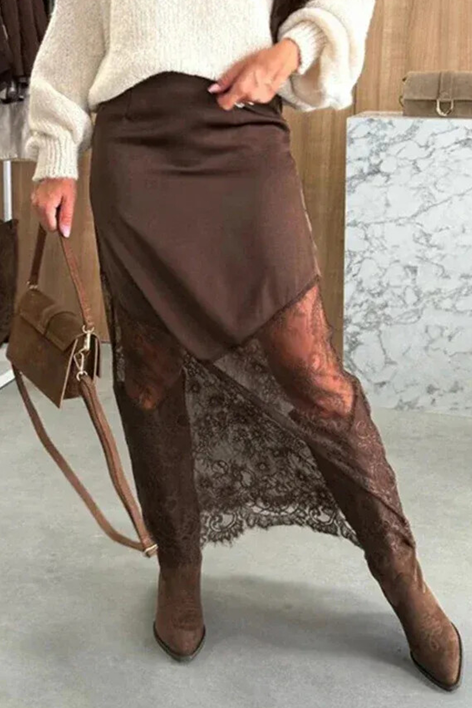 Dark Brown Long Satin Skirt, Casual Lace Patchwork Maxi - Detail View 6 Dark Brown Long Satin Skirt, Casual Lace Patchwork Maxi - Detail View 6