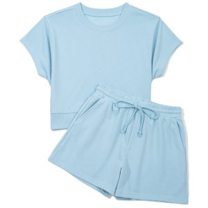 Women's Mist Blue Two-Piece Outfit – Casual Short Sleeve Tee and High Waist Drawstring Shorts Set - Main View
