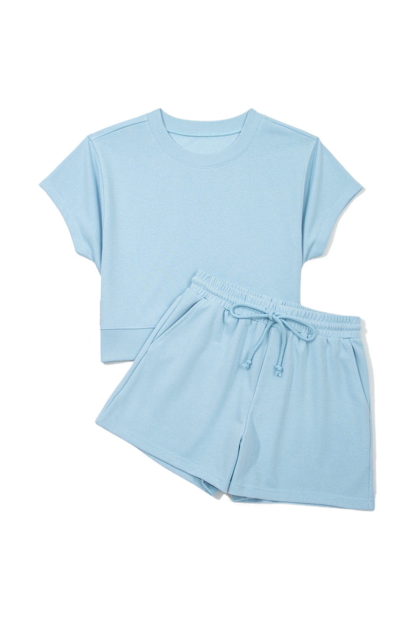 Women's Mist Blue Two-Piece Outfit – Casual Short Sleeve Tee and High Waist Drawstring Shorts Set - Main View Women's Mist Blue Two-Piece Outfit – Casual Short Sleeve Tee and High Waist Drawstring Shorts Set - Main View