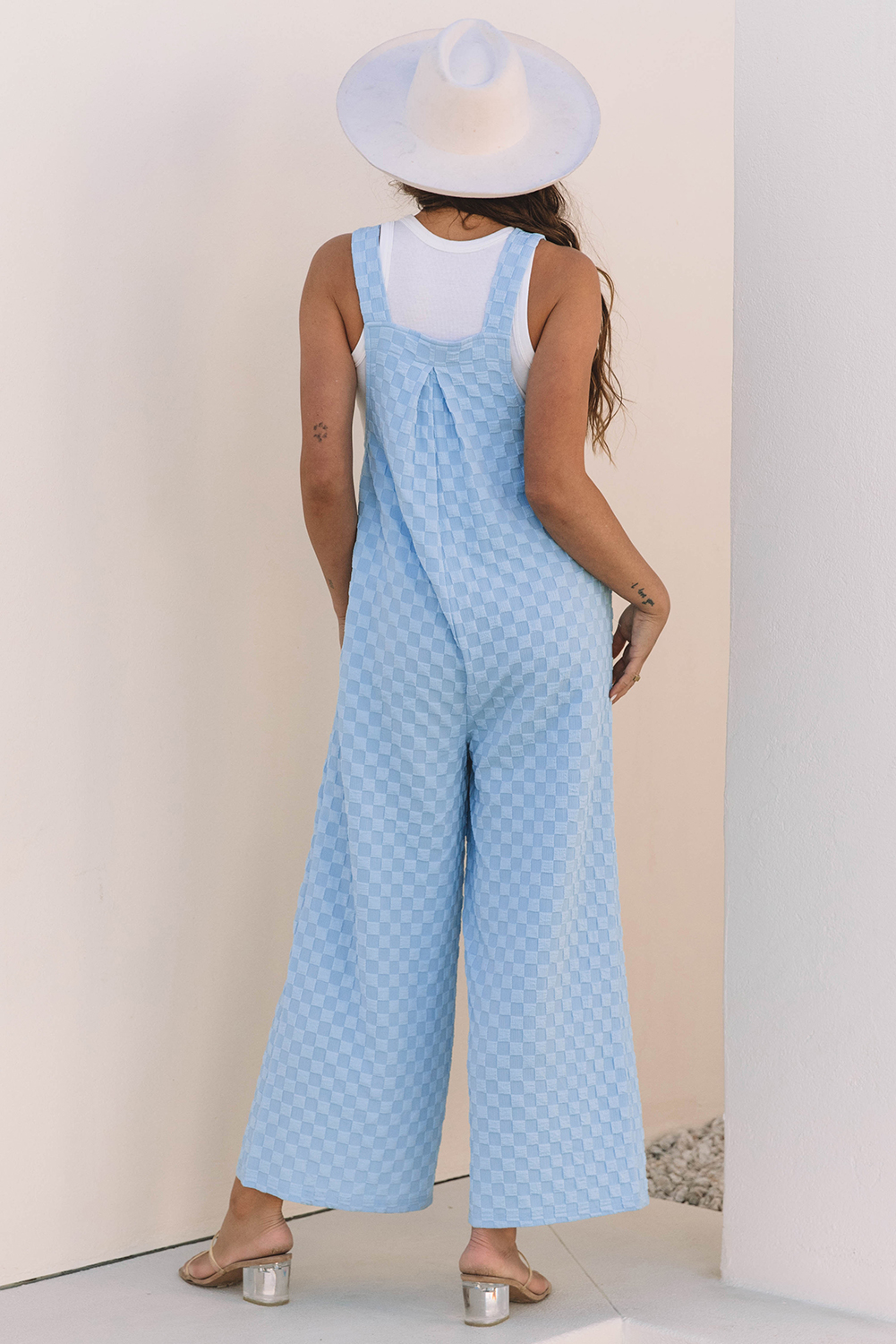 Casual Checkered Overall, High Waist Wide Leg Women's Romper - Detail View 2 Casual Checkered Overall, High Waist Wide Leg Women's Romper - Detail View 2