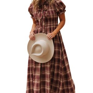 Women's Vintage Plaid Midi Dress – Smocked Knot Front A-Line - Main View