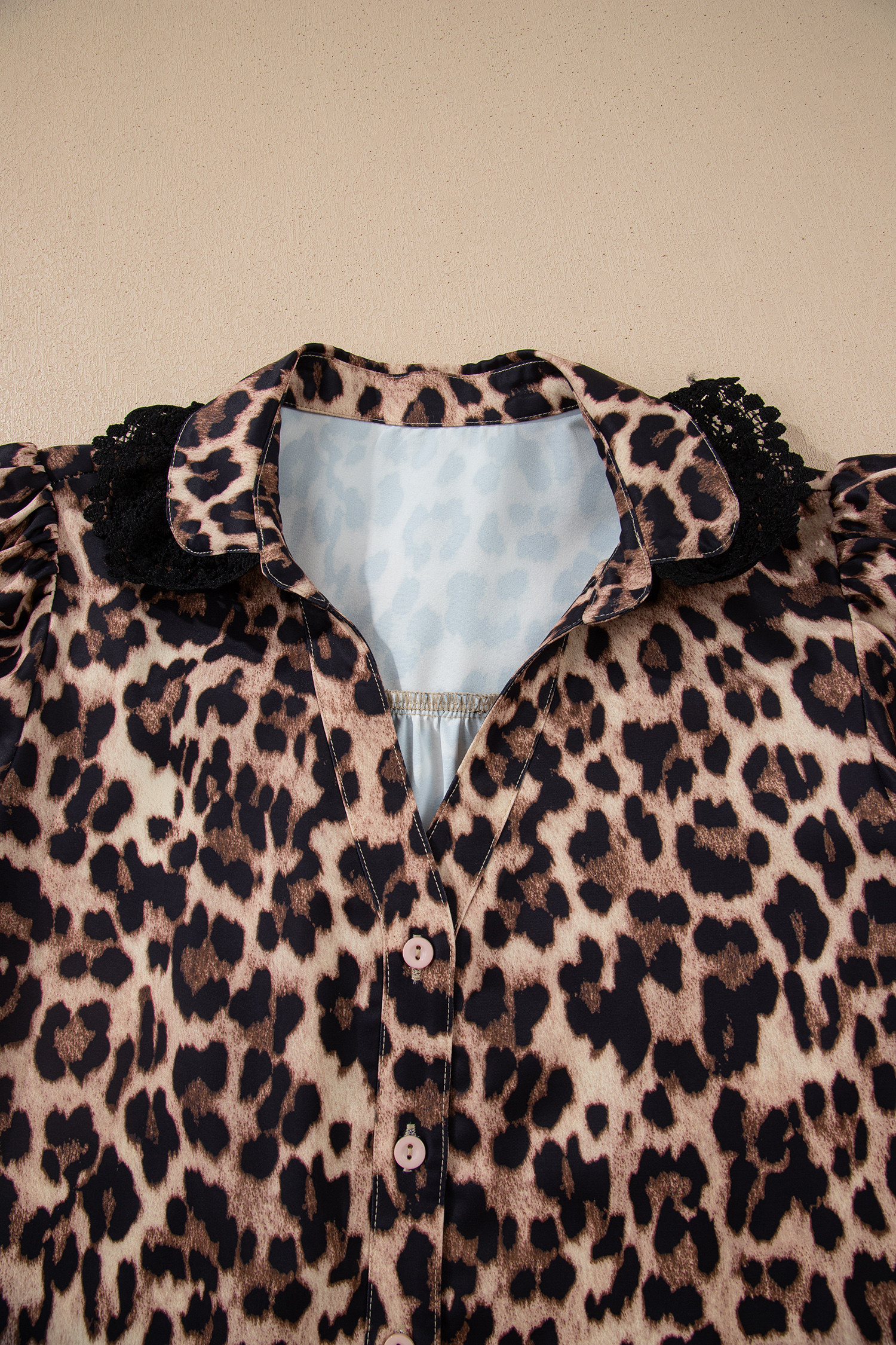 Women's Brown Leopard Print Short Sleeve Shirt with Lace Trim – Casual Summer Essential - Detail View 7 Women's Brown Leopard Print Short Sleeve Shirt with Lace Trim – Casual Summer Essential - Detail View 7