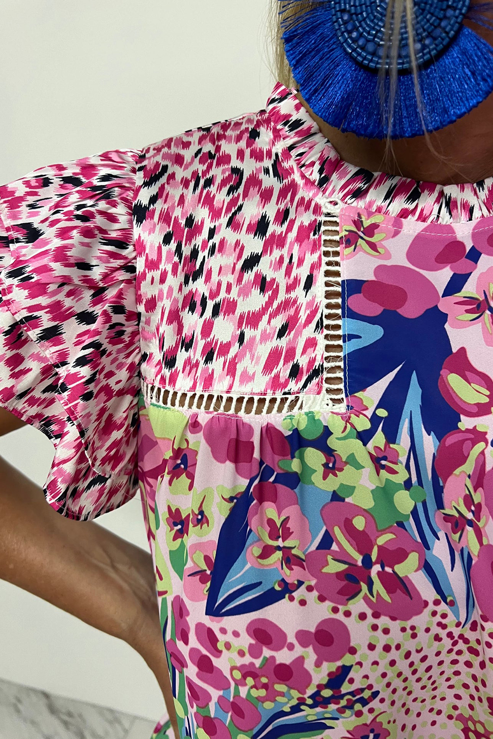 Women's Blouse, Pink Floral, Mixed Print, Ruffle Cap Sleeves, Casual Wear, Summer Fashion, Comfortable Fabric, Breathable Top, Versatile Blouse, Daily Wear, Stylish Design, Country Style, Shift Silhouette - Detail View 12 Women's Blouse, Pink Floral, Mixed Print, Ruffle Cap Sleeves, Casual Wear, Summer Fashion, Comfortable Fabric, Breathable Top, Versatile Blouse, Daily Wear, Stylish Design, Country Style, Shift Silhouette - Detail View 12