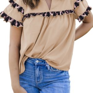 Women's Smoke Gray Leopard Print Ruffles Trim V Neck Blouse - Casual & Chic - Main View