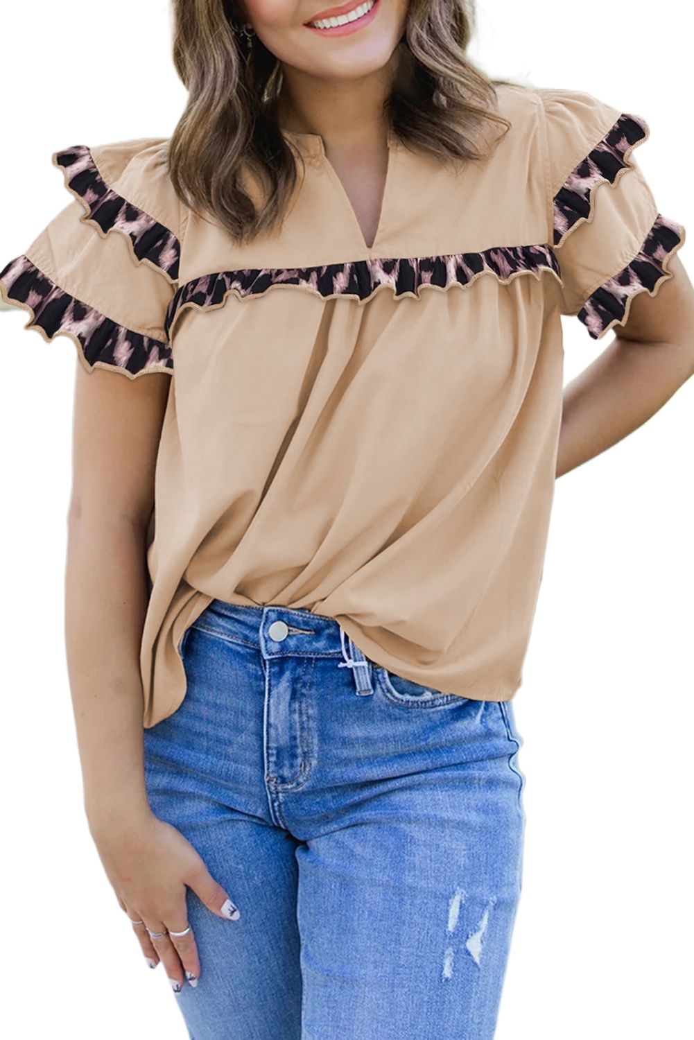 Women's Smoke Gray Leopard Print Ruffles Trim V Neck Blouse - Casual & Chic - Main View Women's Smoke Gray Leopard Print Ruffles Trim V Neck Blouse - Casual & Chic - Main View
