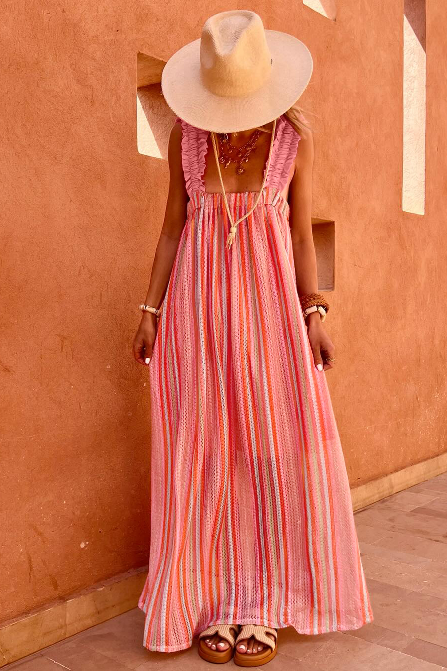 Bohemian Pink Striped Women's Maxi Dress – Square Neck Ruffle Straps, Ribbon Tie-Back for Vacation & Easter Outfit - Detail View 6 Bohemian Pink Striped Women's Maxi Dress – Square Neck Ruffle Straps, Ribbon Tie-Back for Vacation & Easter Outfit - Detail View 6
