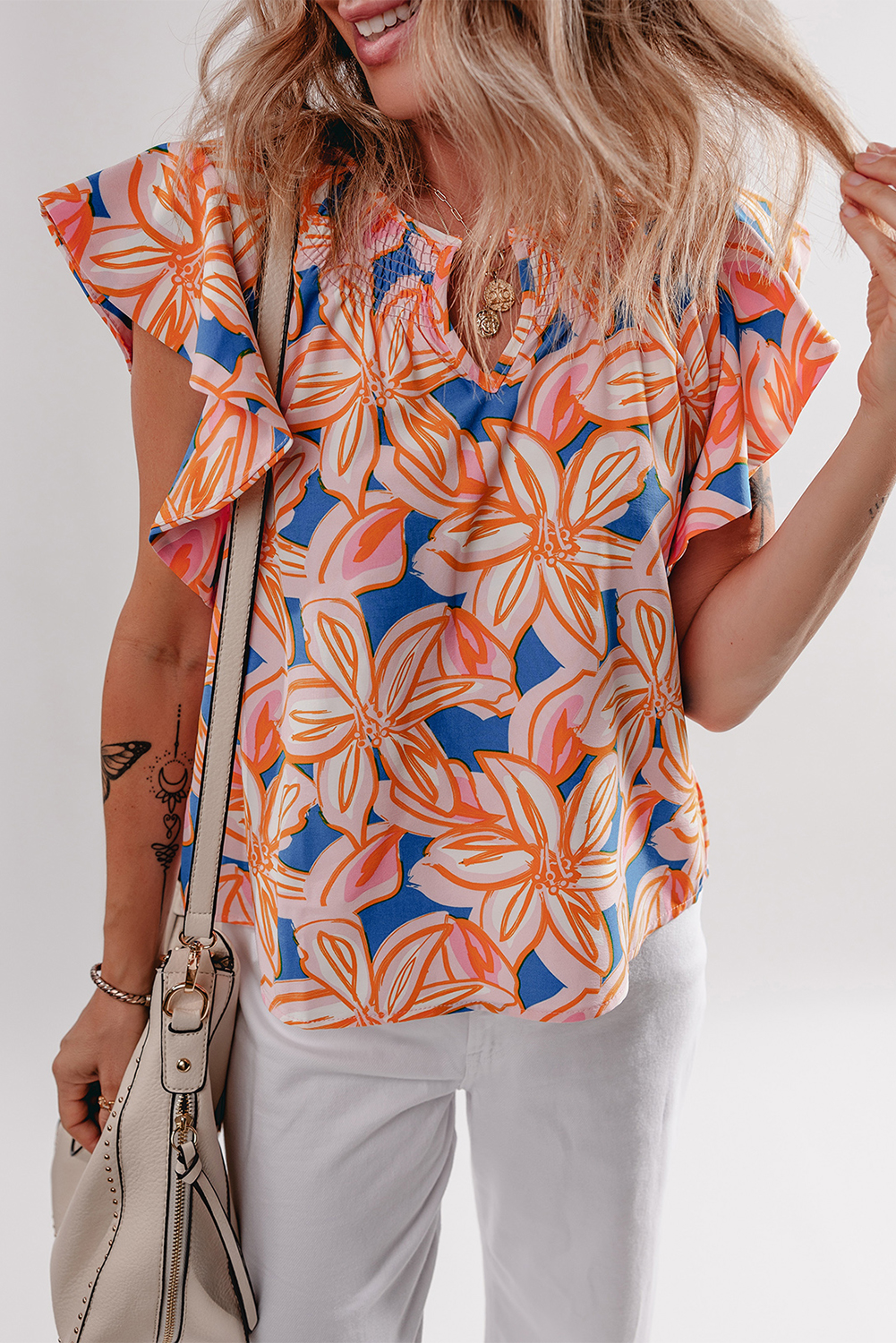 Stylish Short Sleeve Ruffle Blouse in Vibrant Orange Floral Print - Detail View 7 Stylish Short Sleeve Ruffle Blouse in Vibrant Orange Floral Print - Detail View 7