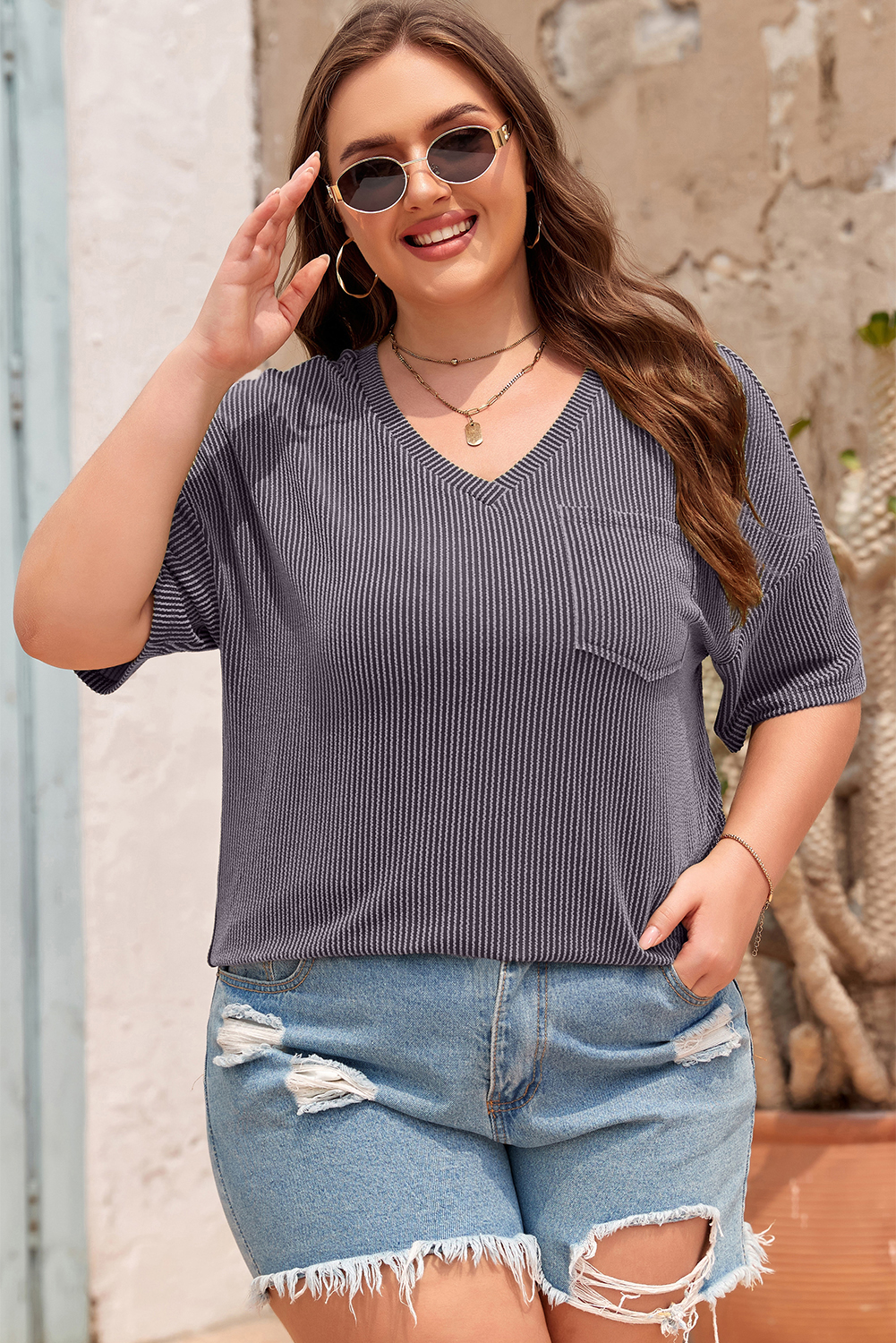 Light Grey V-Neck Plus T-Shirt for Women – Stylish Dropped Shoulder Design, Perfect for Everyday Wear - Detail View 11 Light Grey V-Neck Plus T-Shirt for Women – Stylish Dropped Shoulder Design, Perfect for Everyday Wear - Detail View 11
