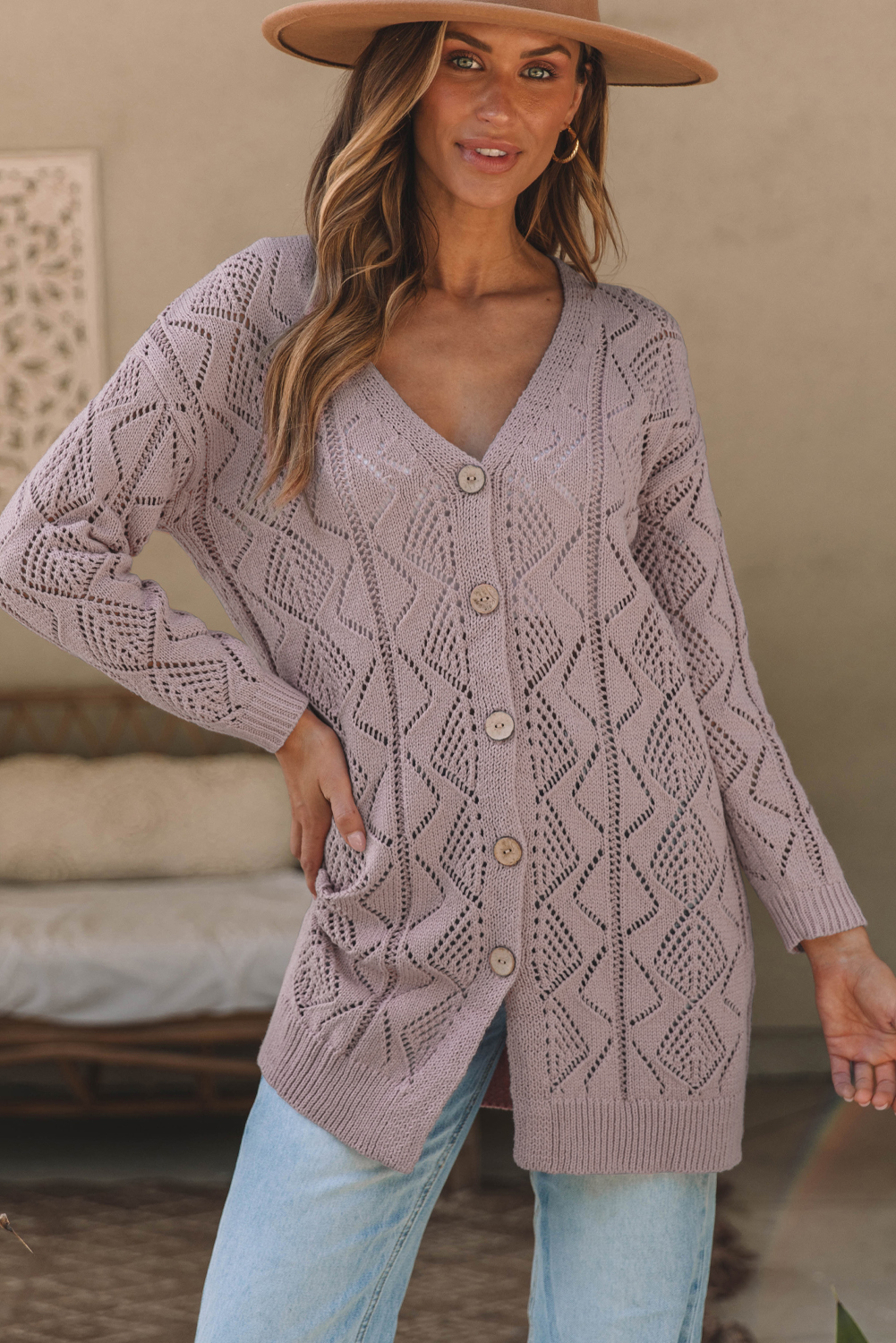Chic Purple Hollow-out Openwork Knit Cardigan for Fall & Autumn - Detail View 5 Chic Purple Hollow-out Openwork Knit Cardigan for Fall & Autumn - Detail View 5