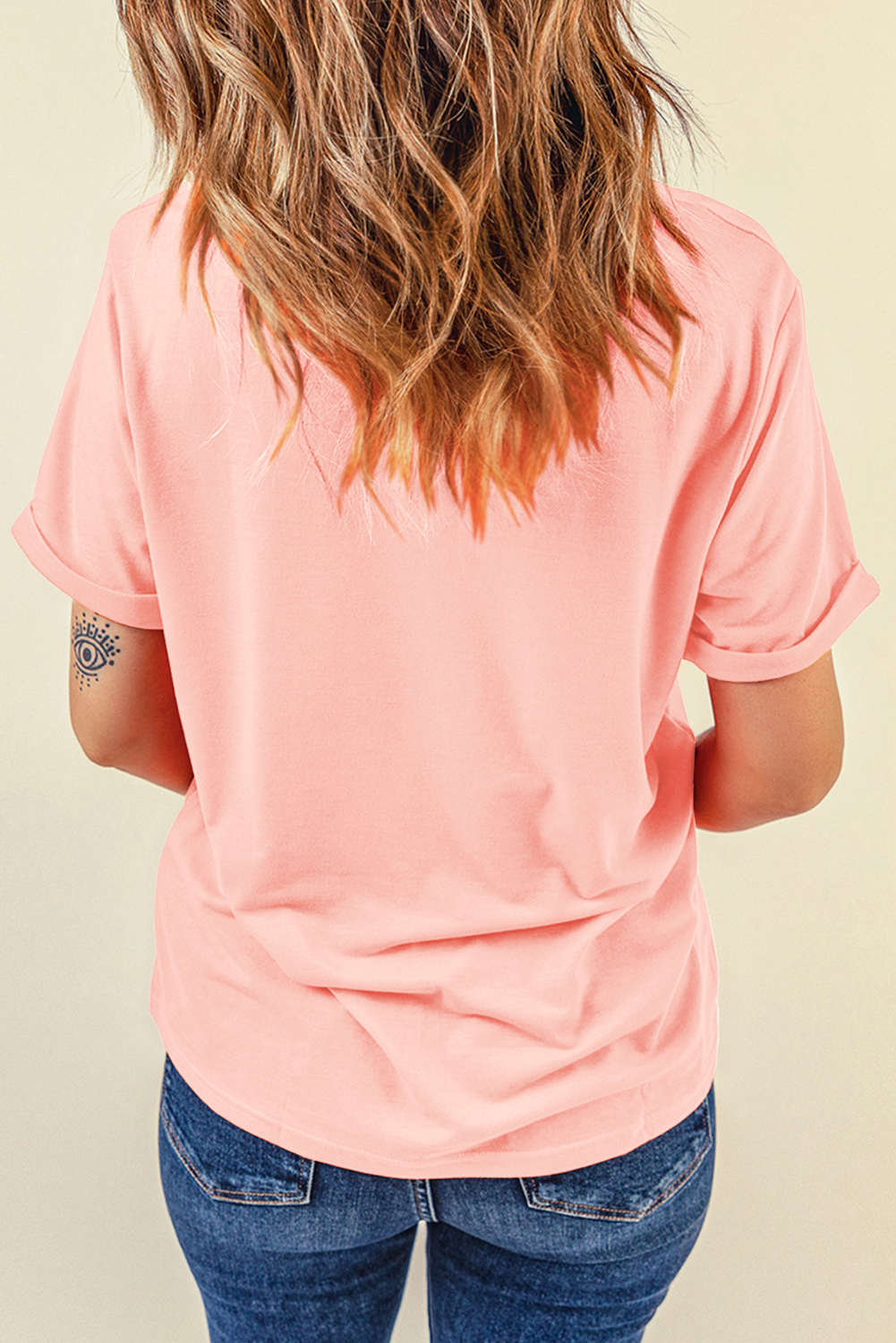 Stylish Round Neck T-Shirt: Casual Pink Top Featuring Cute Flower USA Letters - Detail View 7 Stylish Round Neck T-Shirt: Casual Pink Top Featuring Cute Flower USA Letters - Detail View 7