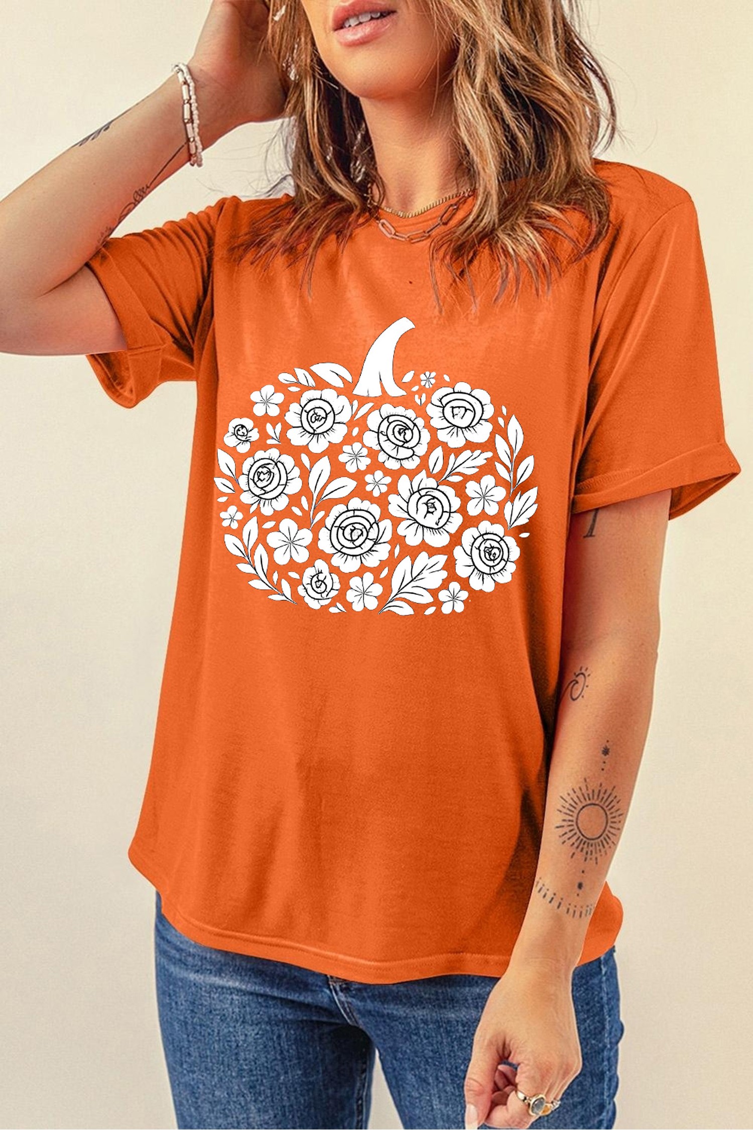 Soft Cotton Blend Women's Shirt, Orange Pumpkin Graphic Tee - Detail View 6 Soft Cotton Blend Women's Shirt, Orange Pumpkin Graphic Tee - Detail View 6
