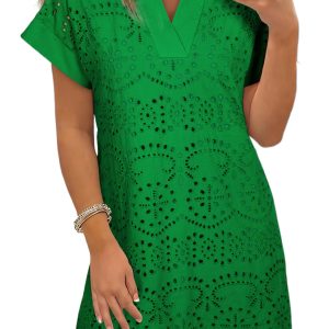 Women's Green Eyelet Embroidered Mini Dress – Casual Summer Style for Everyday Wear - Main View