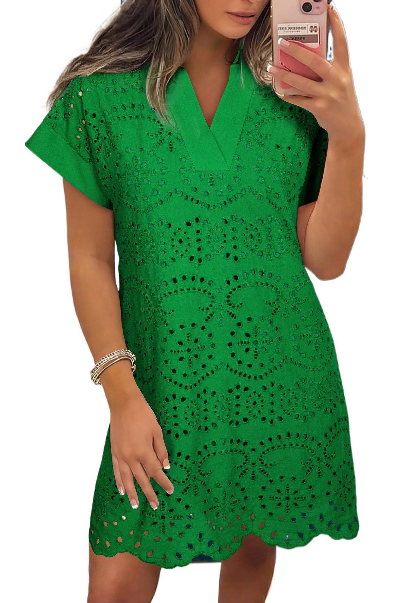 Women's Green Eyelet Embroidered Mini Dress – Casual Summer Style for Everyday Wear - Main View Women's Green Eyelet Embroidered Mini Dress – Casual Summer Style for Everyday Wear - Main View
