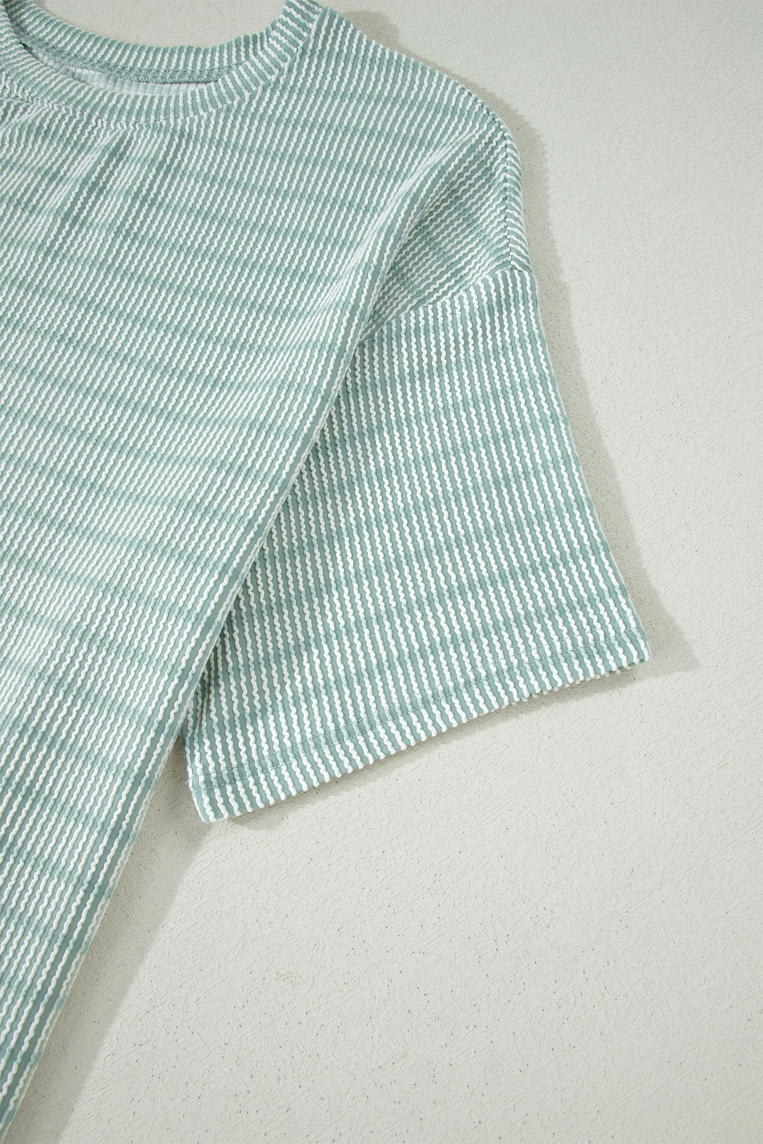 Green Striped Summer Lounge Set for Women – Short Sleeve Ribbed Top and Elastic Waist Shorts, Relaxed Fit - Detail View 8 Green Striped Summer Lounge Set for Women – Short Sleeve Ribbed Top and Elastic Waist Shorts, Relaxed Fit - Detail View 8