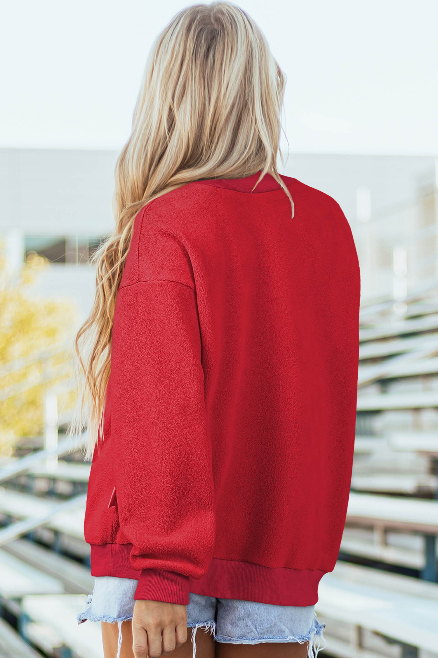 Women's Red Mock Neck Long Sleeve Sweatshirt for Autumn - Detail View 2 Women's Red Mock Neck Long Sleeve Sweatshirt for Autumn - Detail View 2
