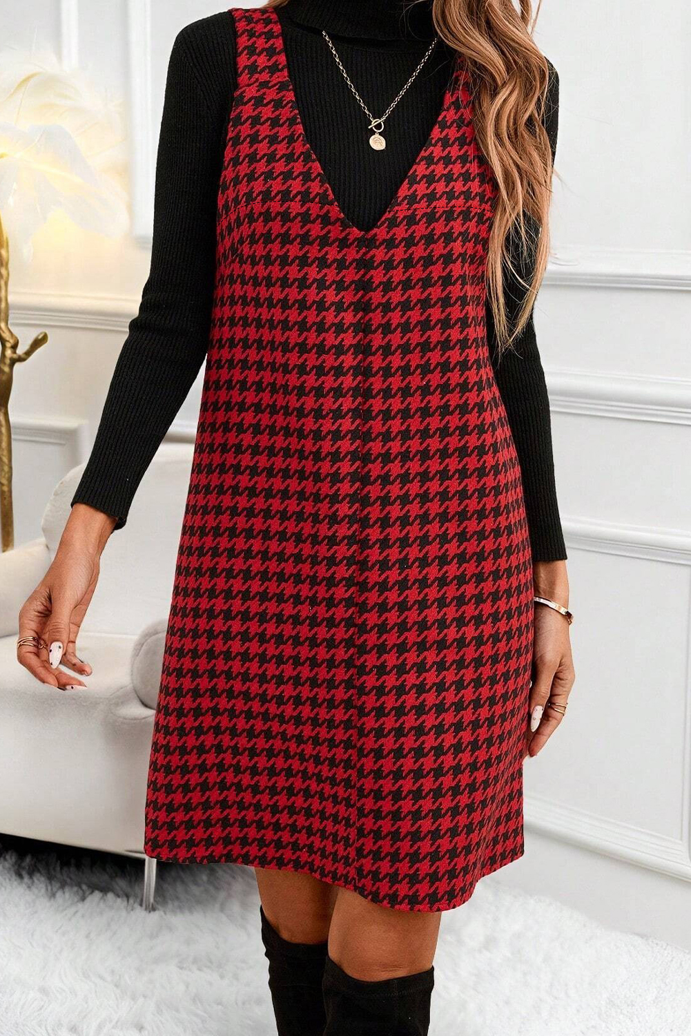Women's Sleeveless Red Houndstooth Mini Dress for Fall Casual Style - Detail View 6 Women's Sleeveless Red Houndstooth Mini Dress for Fall Casual Style - Detail View 6