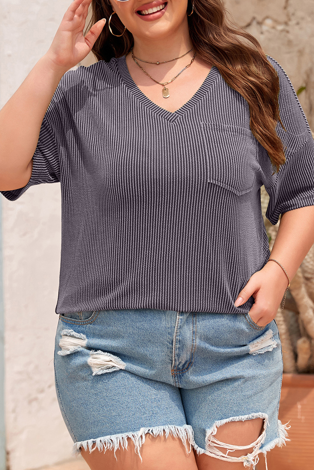 Casual Women's Light Grey Plus T-Shirt – Textured V-Neck with Pocket, Ideal for Warm Summer Days - Detail View 3 Casual Women's Light Grey Plus T-Shirt – Textured V-Neck with Pocket, Ideal for Warm Summer Days - Detail View 3