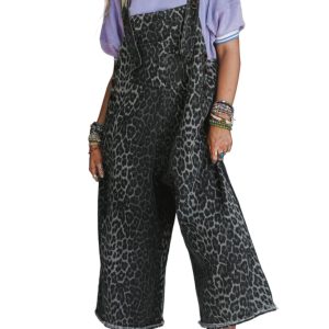 Women's Gray Leopard Print Cropped Denim Overalls – Adjustable Straps for Casual Style - Main View