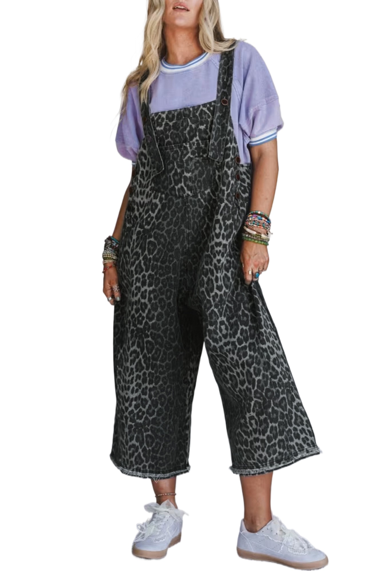 Women's Gray Leopard Print Cropped Denim Overalls – Adjustable Straps for Casual Style - Main View Women's Gray Leopard Print Cropped Denim Overalls – Adjustable Straps for Casual Style - Main View