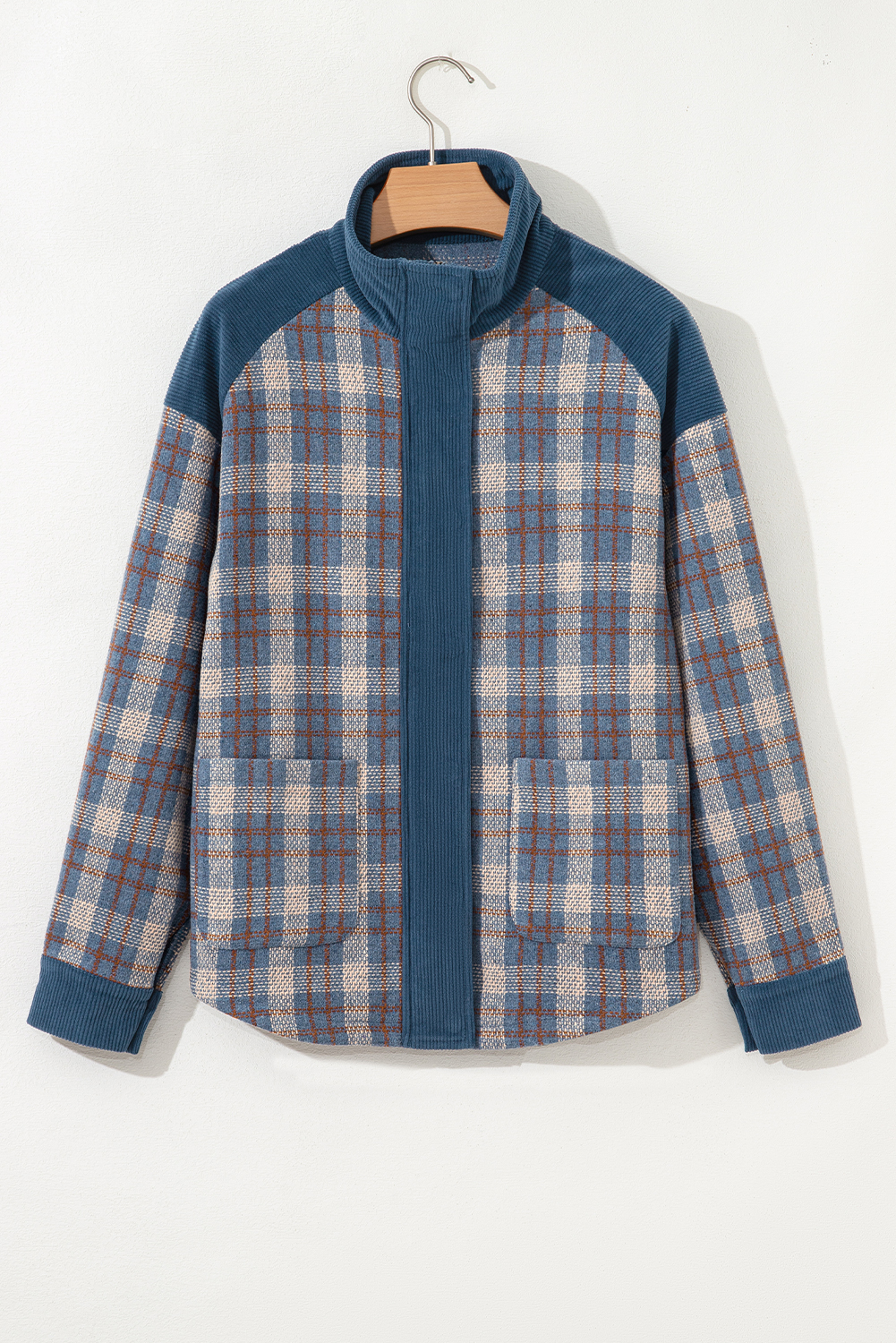Women's Gray Plaid Corduroy Patchwork Collared Zip-Up Snap Button Jacket for Fall - Detail View 5 Women's Gray Plaid Corduroy Patchwork Collared Zip-Up Snap Button Jacket for Fall - Detail View 5